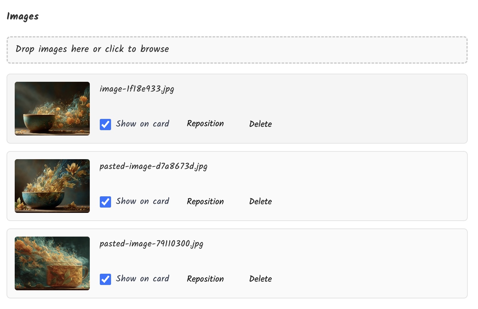 Multiple cards showing image gallery