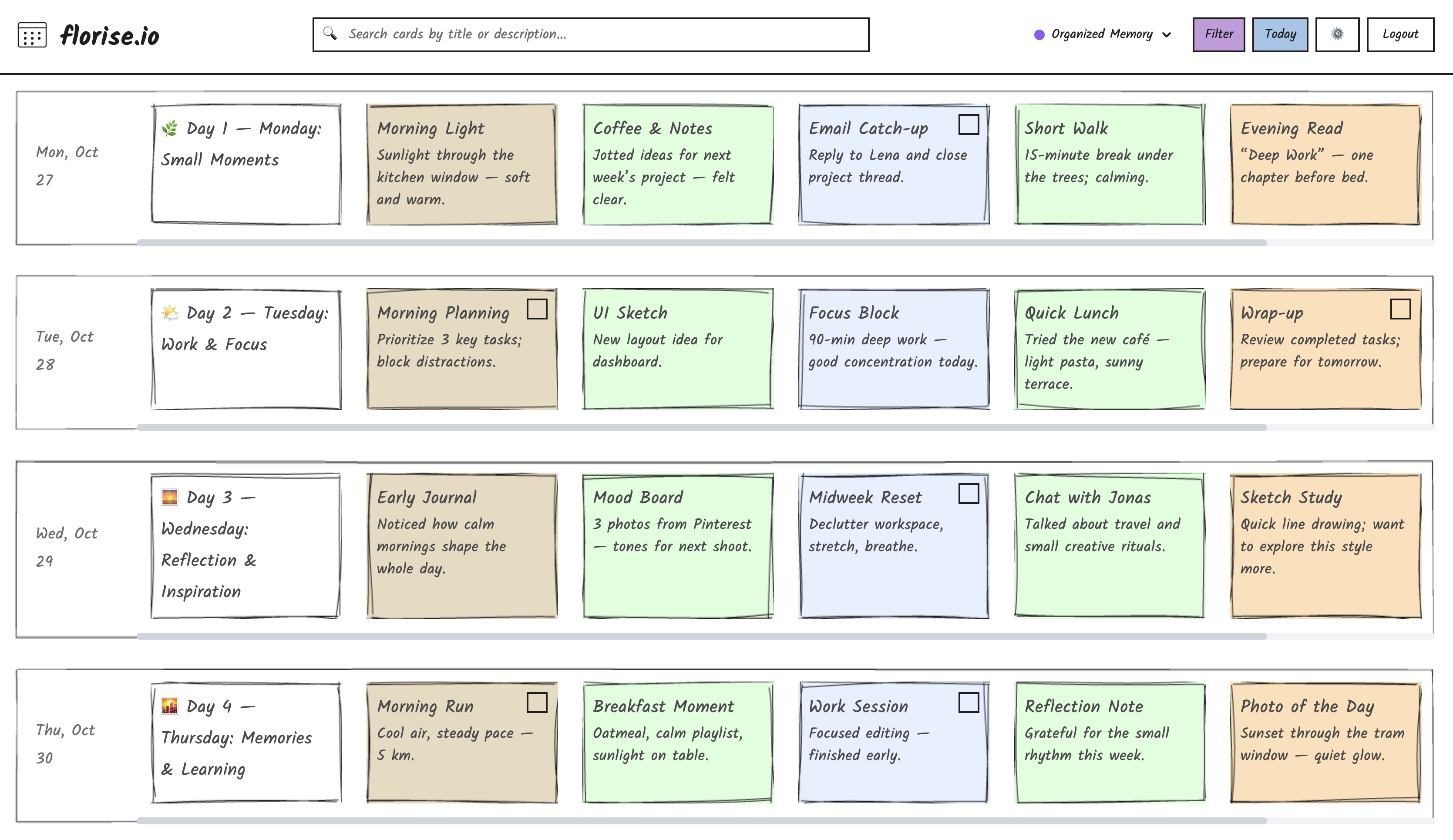 florise.io calendar showing a week organized with multiple cards